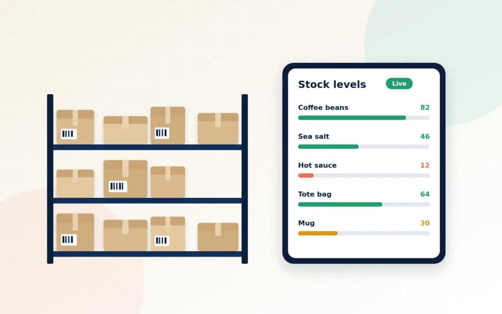 Illustration of warehouse shelves stocked with boxes beside a tablet showing live stock levels