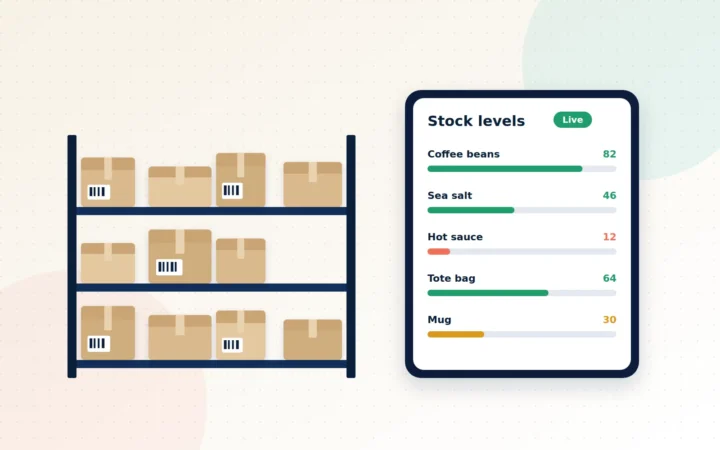 Illustration of warehouse shelves stocked with boxes beside a tablet showing live stock levels