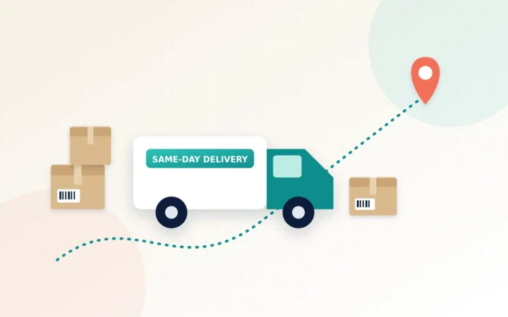 Illustration of a delivery van, stacked parcels and a route line ending in a map pin