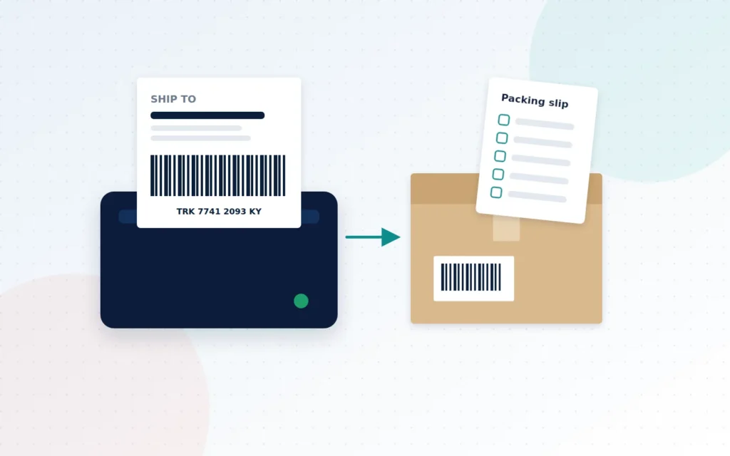 Illustration of a thermal printer producing a shipping label with a barcode, next to a packed parcel