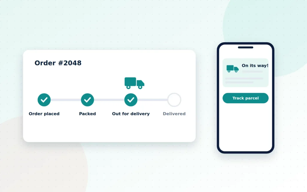 Tracking timeline showing four stages: order placed, packed, out for delivery and delivered