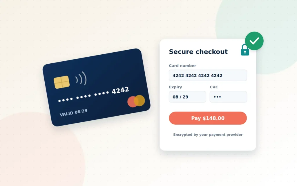 Illustration of a payment card, a secure checkout form with a padlock and a green confirmation tick