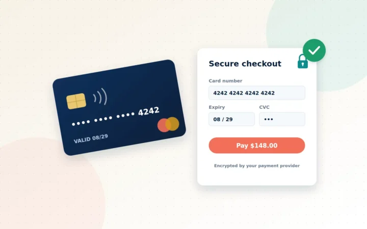 Illustration of a payment card, a secure checkout form with a padlock and a green confirmation tick