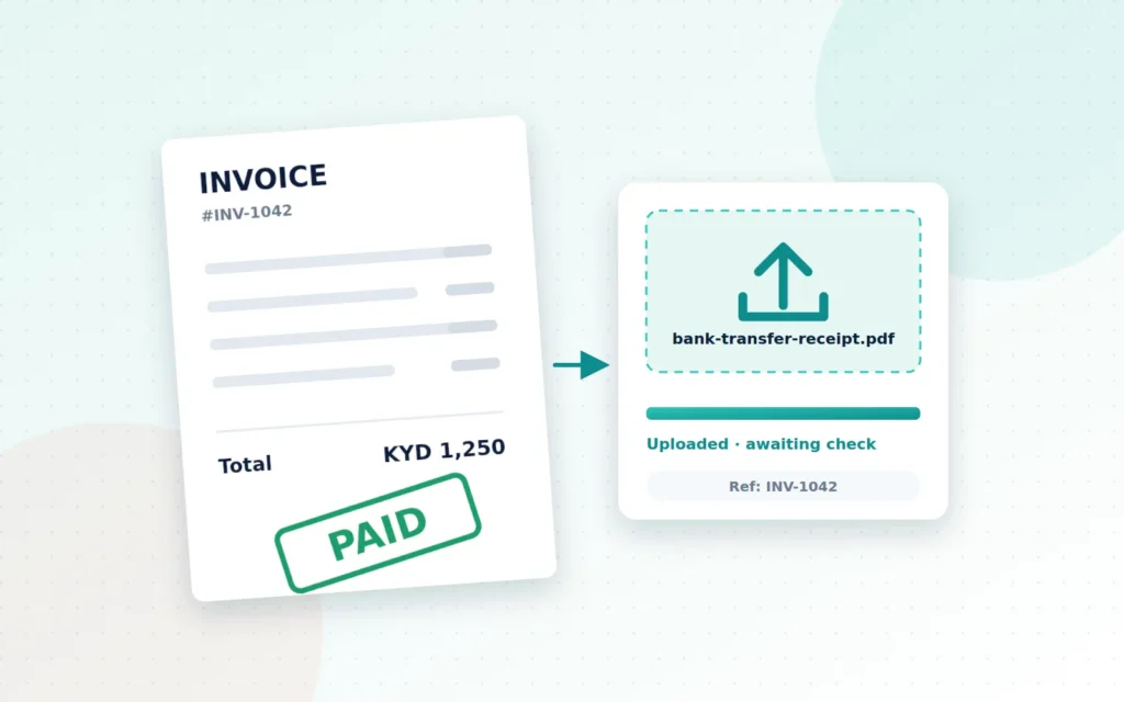 Illustration of an invoice marked paid next to an uploaded bank transfer receipt