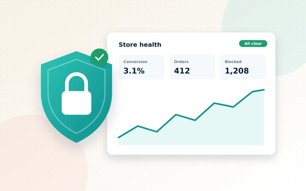 Illustration of a shield with a padlock in front of a dashboard showing charts and key metrics