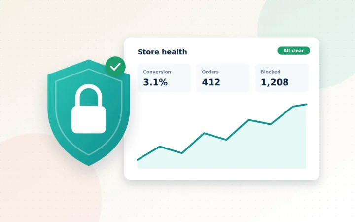 Illustration of a shield with a padlock in front of a dashboard showing charts and key metrics