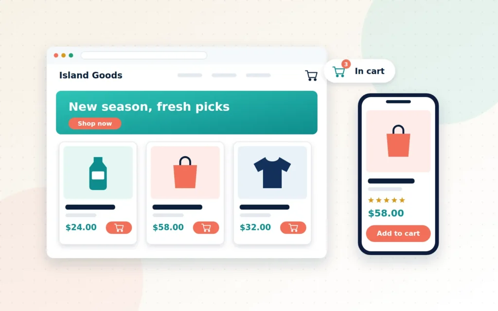 Illustration of a laptop and phone showing the same online storefront with product cards and a checkout button