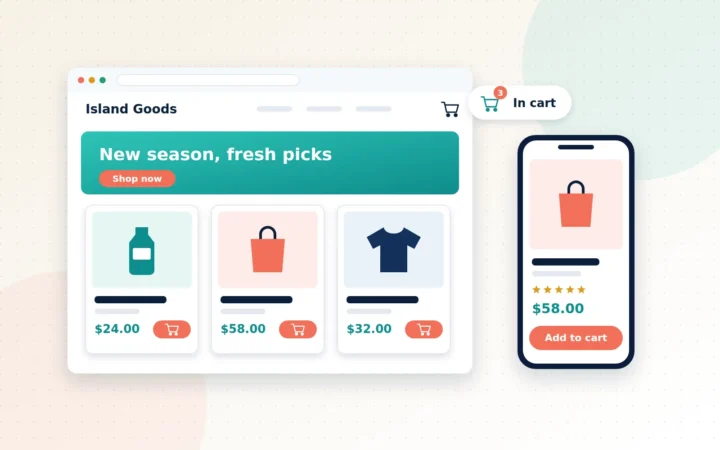 Illustration of a laptop and phone showing the same online storefront with product cards and a checkout button