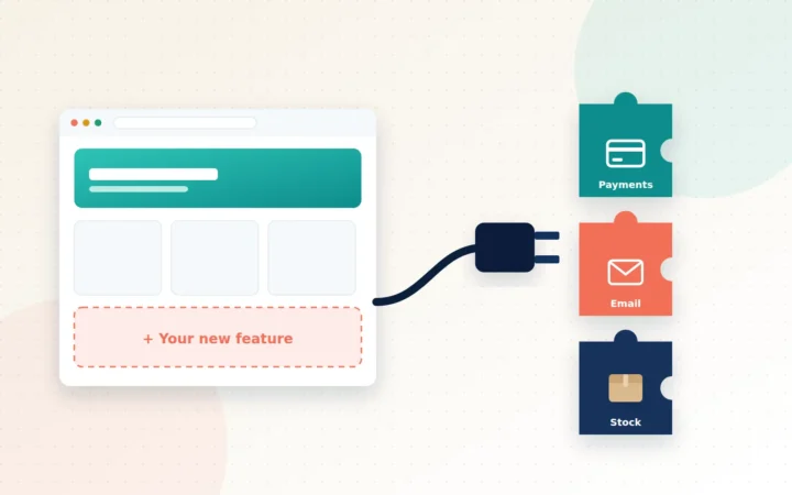 Illustration of a plug connecting a WordPress-style site to puzzle-piece modules for payments, email and inventory