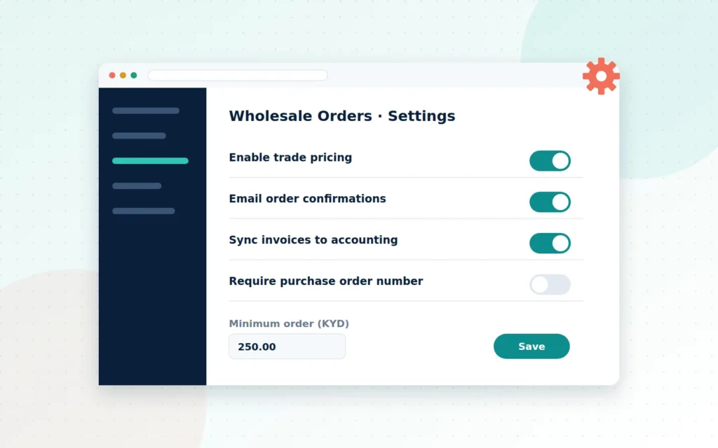 Illustration of a clean plugin settings screen with toggles, fields and a save button