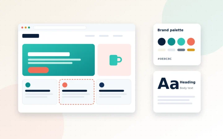 Illustration of a browser window with a page layout built from blocks, alongside colour swatches and typography samples